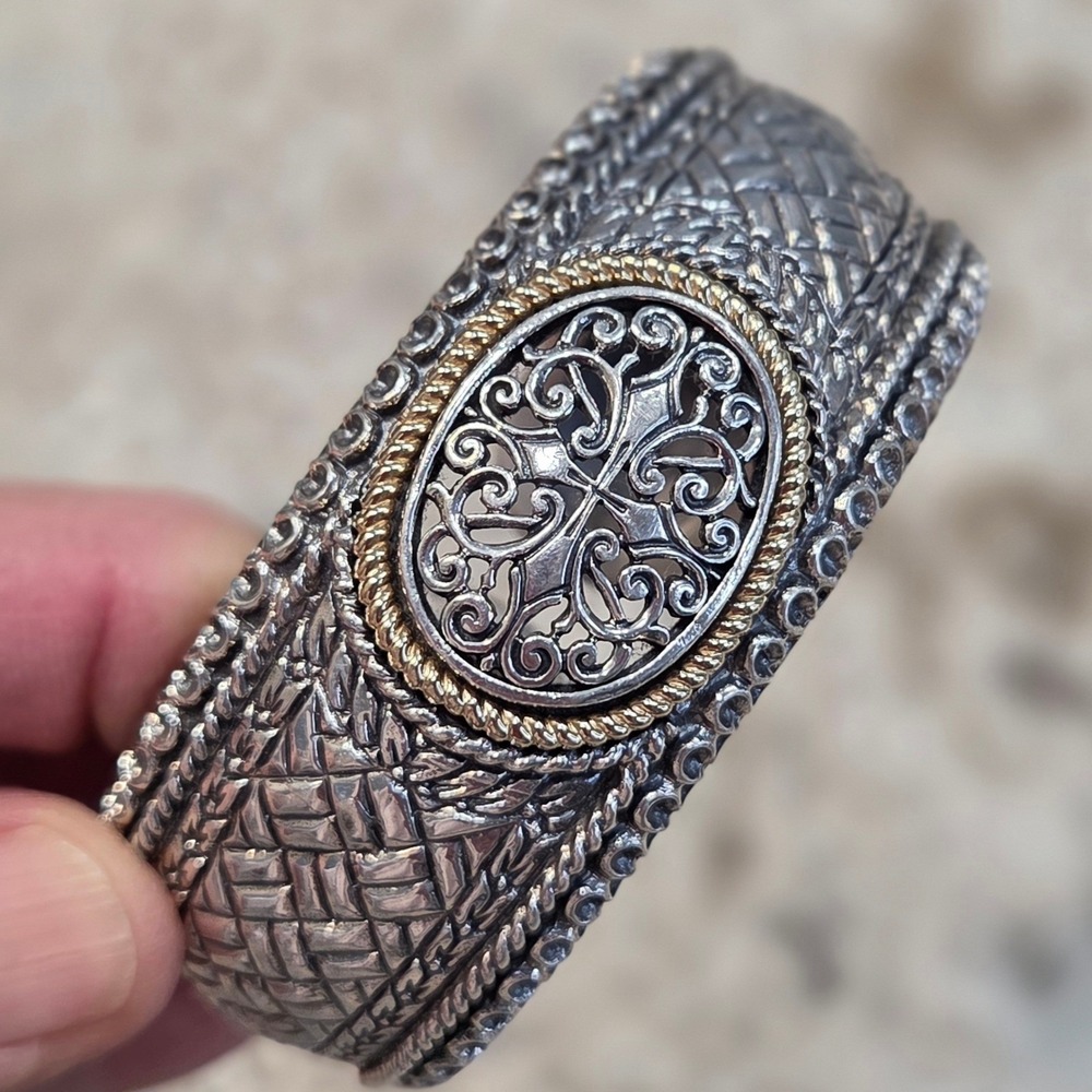 AE 925 Sterling Silver‎ 14K Gold Filigree Basket Weave Hinged Cuff Bracelet